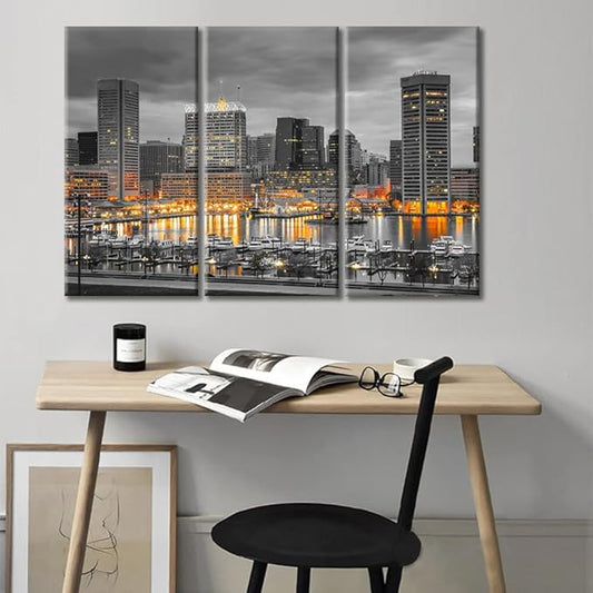 TUMOVO Baltimore Skyscrapers Cityscape Wall Decor for Bedroom 3 Piece American City Skyline Wall Decor Living Room Baltimore Architecture Posters and Prints Framed Ready to Hang (36" Wx24 H)