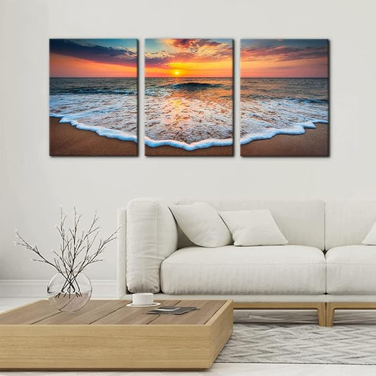 Pacimo 3 Pieces Wall Art Decor Beach Canvas Print Picture Sunrise Ocean Waves Scenery Painting Artwork for Office Wall Decor Home Decoration Stretched and Framed Ready to Hang - 12" x 16" x 3