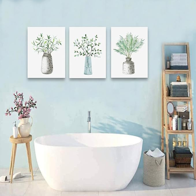 Lapremoly Family Canvas Wall Art For Kitchen Dining Room Wall Decor For Living Room Decoration For Office Vase Pictures Artwork Green Leaf Wall Paintings For Bedroom Home Walls Decor 3 Piece