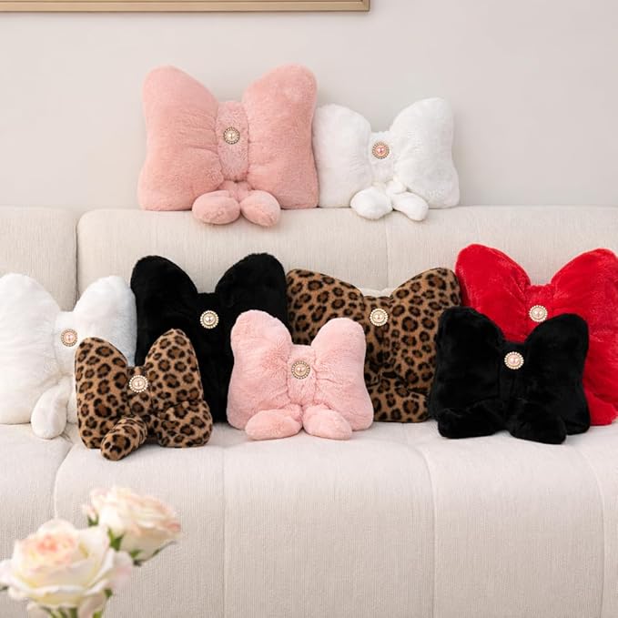 Black Bow Pillow 12x9 Inch, Cute Plush Bow Shaped Decorative Pillow with Back Strap, Coquette Room Decor for Teen Girls Bedroom Chair Couch Car