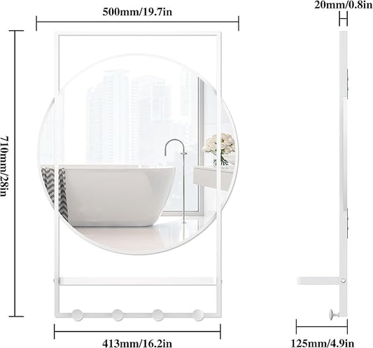 28" x 20" Entryway Mirror with Hooks, Bathroom Mirror with Shelf, Rectangular Frame Round Wall Mirror with Shelf and Hooks, Vanity Mirror Decorative for Wall(White)