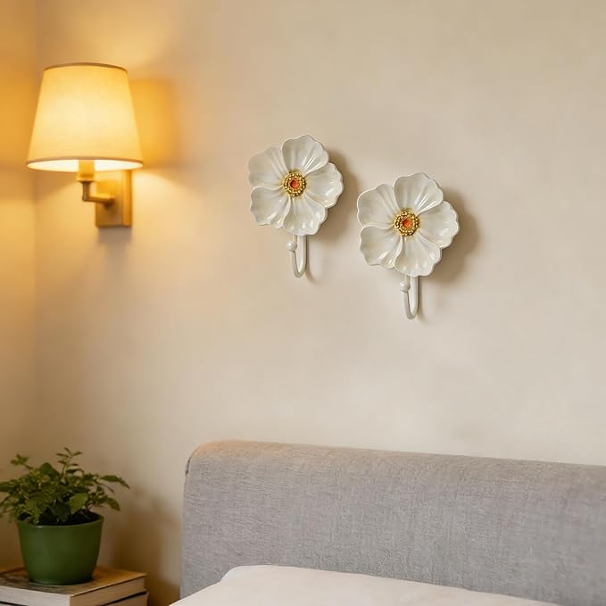 Guichifun Flower Coat Hooks Wall Decor - 2pcs Resin White Decorative Wall Hooks for Hanging Clothes Coats Towels Keys Bags Hats Bathroom Home Decoration Gift 4.3 x 2.2 x 6 Inch
