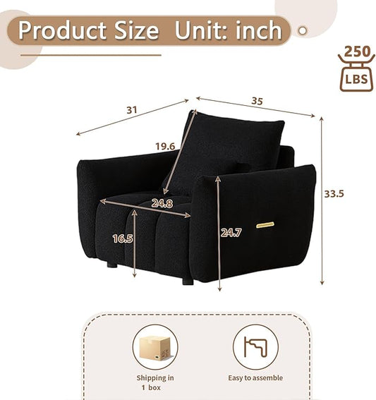 Antetek 35" Modern Accent Single Sofa Chair, Comfy Deep Seat Teddy Living Room Chair, Leisure Boucle Reading Sofa Arm Chair for Bedroom, Office, Apartment, Black
