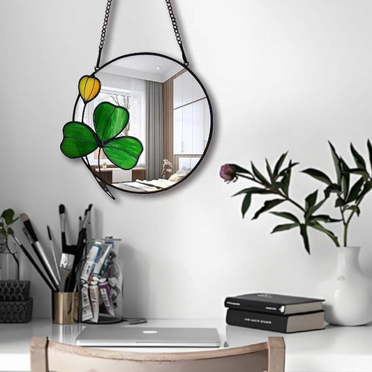 Clover Wall Decorative Art Mirror, 8-inch Small Mirror with Chain, Handmade Stained Glass Window Hanging, Gift for Girlfriend and Mother's Day
