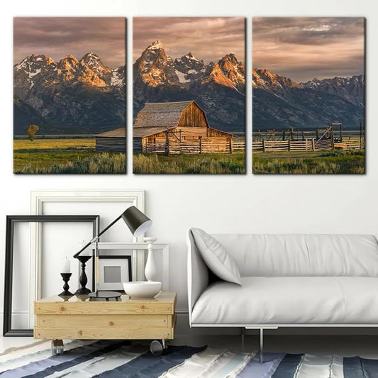 Pacimo Country Paintings for Wall Grand Canyon Picture Art Nature Landscape Artwork 3 Pieces Log Cabin Modern Wall Art Giclee Home Decorations for Living Room Framed Ready to Hang - 20"x28"x3 Panels