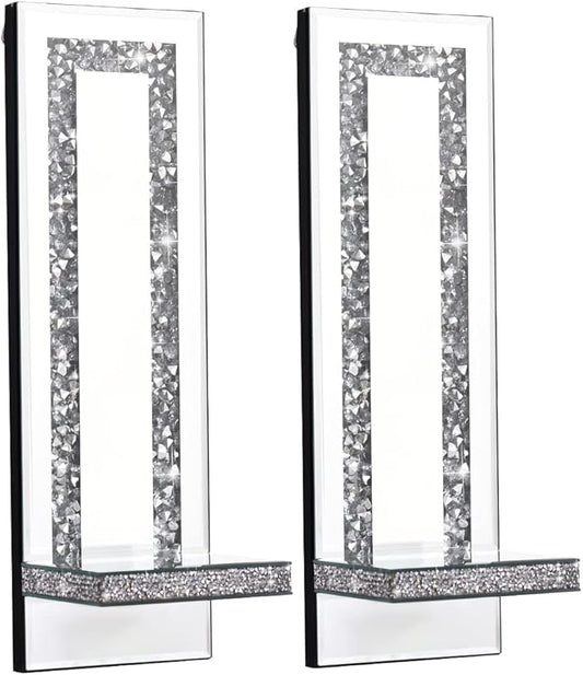 Aeveco Crystal Crush Diamond Mirrored Candle Sconces, Silver Wall Candle Holder Set of 2, Wall Decorations for Living Room,Dining Room (Rectangle Stripe (Style 4))