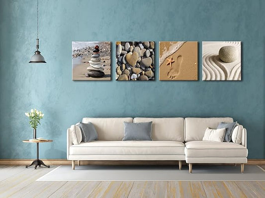 Wieco Art Canvas Prints Wall Art Romantic Beach Theme Zen Stone Pictures Paintings for Living Room Kitchen Home Decor Large Modern 4 Panels Stretched and Framed Seascape Sea Beach Artwork L