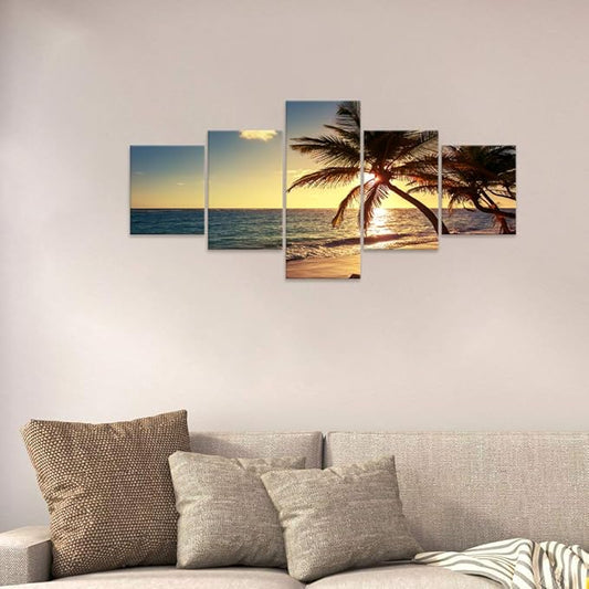 Beautiful Modern Ocean Paintings 5 Pieces Prints Blue Sea Clouds Canvas Wall Art Painting for Living room Home Decor As Gifts stretched and Framed Ready to Hang for Bedroom Wall(50’’W x 24’’H)