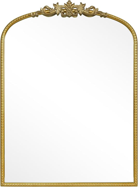 WallBeyond Gold Vintage Mirror for Vanity 24x32 Inch, Gold Antique Mirror with Ornate Frame, Arched Vintage Wall for Bathroom, Living Room, Fireplace, Entryway