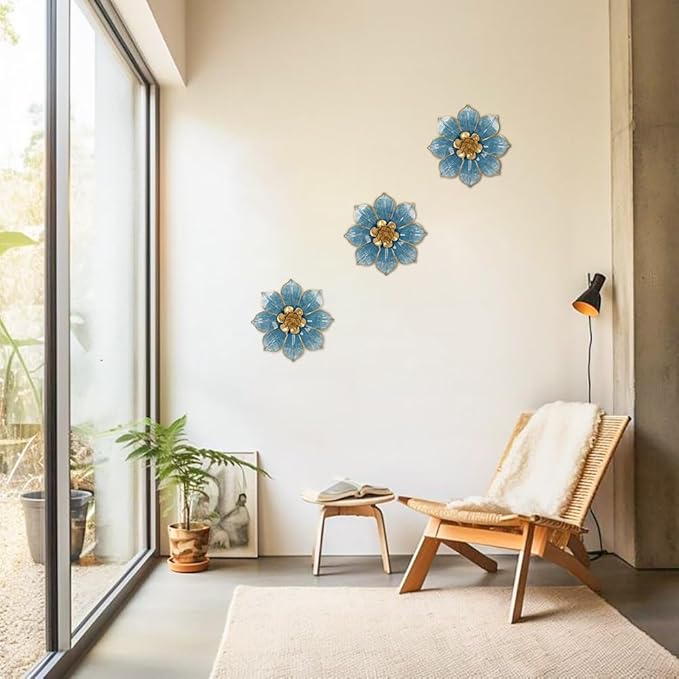 Metal Flowers Wall Decor Blue and Gold Wall Art Hanging Decorations 3 Pc Rustic Modern Floral Sculpture Wall Accent Artwork Indoor Outdoor for Bathroom Bedroom Living Room Garden Patio Porch 10 Inch