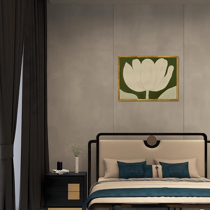 Large Gold Framed White Tulip Canvas Poster Green Modern Botanical Wall Art Elegant Floral Horizontal Boho Painting Prints Retro Stylish Flower Pictures Artwork Aesthetic Wall Decor 24x36inch