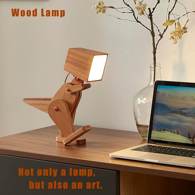 Novelty Cool Wood Dinosaur Table Lamp for Bedroom, Kids Room, Bedside - 3 Levels Dimmable Touch Switch Adjustable Robot Design Natural Finish Desk Light for Living Office Dorm Farmhouse (Brown)