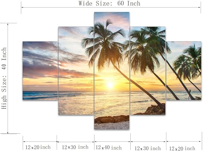 Sunset Palm Beach Ocean Landscape Seascape Modern Pictures Painting on Canvas 5 Panels Combination Enlarge for Wall Art Living Room Home Decor Framed Stretched (60" W x 40" H)