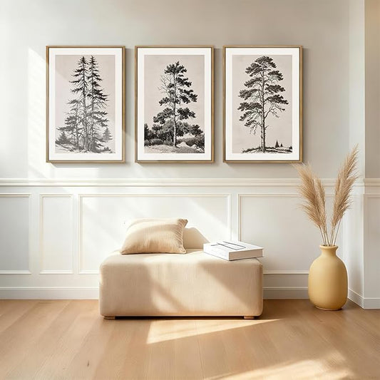 ANHUIB Vintage Tree Sketch Framed Canvas Wall Art 24x36 Inch Neutral Wilderness Forest Paintings Retro Botanical Wall Decor Set of 3 Black and White Landscape Prints for Living Room Bedroom Office
