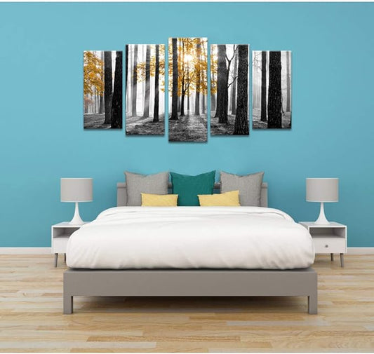 Visual Art Decor Large 5 Pieces Forest Landscape Wall Art Yellow and Gray Forest Wall Art Sunshine Foggy Forest Picture Framed Artwork Ready to Hang, 60inchx32inch