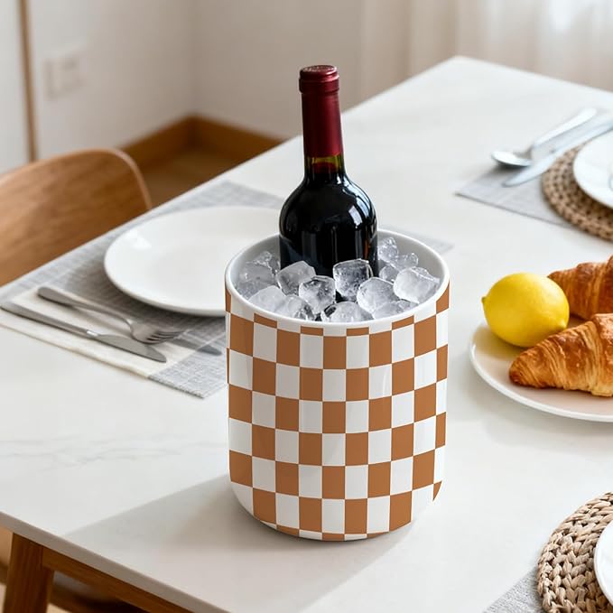 Checkered Utensil Holder,Ceramic Spatula Holder,Countertop Ceramic Utensil Holder,Large Cooking Utensil Crocks for Kitchen Counter Decor,Vase for Kitchen Utensils,H6.3 xD4.7(Brown and white)