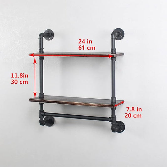 MBQQ Pipe Shelving,Iron Pipe Shelves Industrial Bathroom Shelves with Towel bar,24in Rustic Metal Pipe Floating Shelves Pipe Wall Shelf,2 Tier Industrial Shelf Wall Mounted,Retro Black