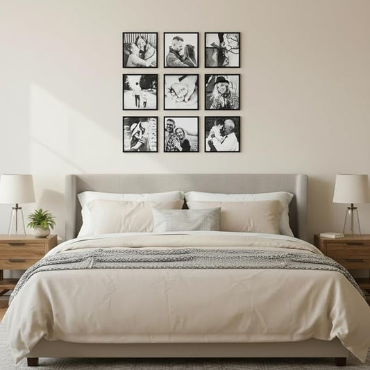 ArtbyHannah Photo Collage Frames for Wall, 8x8 Inch Square Picture Frame for Living Room or Staircase Decoration (Black, 9 Pack)