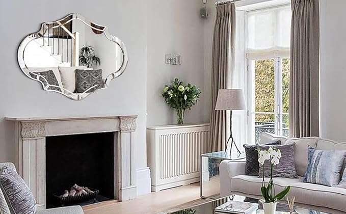 Large Decorative Mirrors, 40"x28" Scalloped Wall Mirror with Elegant Beveled Edges and Mirrored Frame, Irregular Mirror for Dining Room Living Room Bathroom Entryway, Hang Horizontally or Vertically