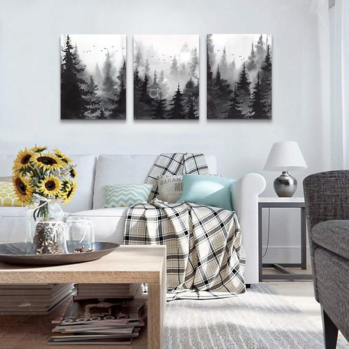 3-Piece Modern Abstract Art Prints, Black and White Forest Scenery, Canvas Wall Art for Living Room, Bedroom, Office, Home Wall Decor