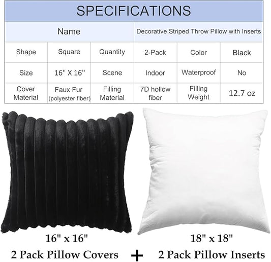 Decorative Throw Pillow with Inserts, Set of 2 Soft Faux Fur Throw Pillows, Square Boho Striped Pillow for Couch, Bed, Sofa Decor(Black, 16" x 16")