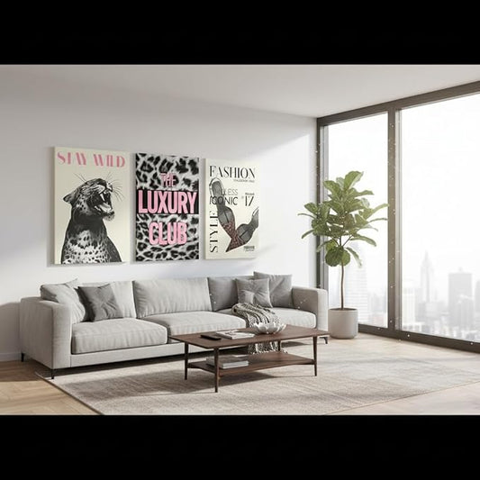 YXJYZZKX Fashion Leopard Wall Art Set of 3, Black and White Cheetah Wrapped Canvas Prints with Pink Quotes, Eclectic Glam Animal Wall Decor, Modern Trendy Artwork for Bedroom Living Room, 16x24 Inch Ready to Hang