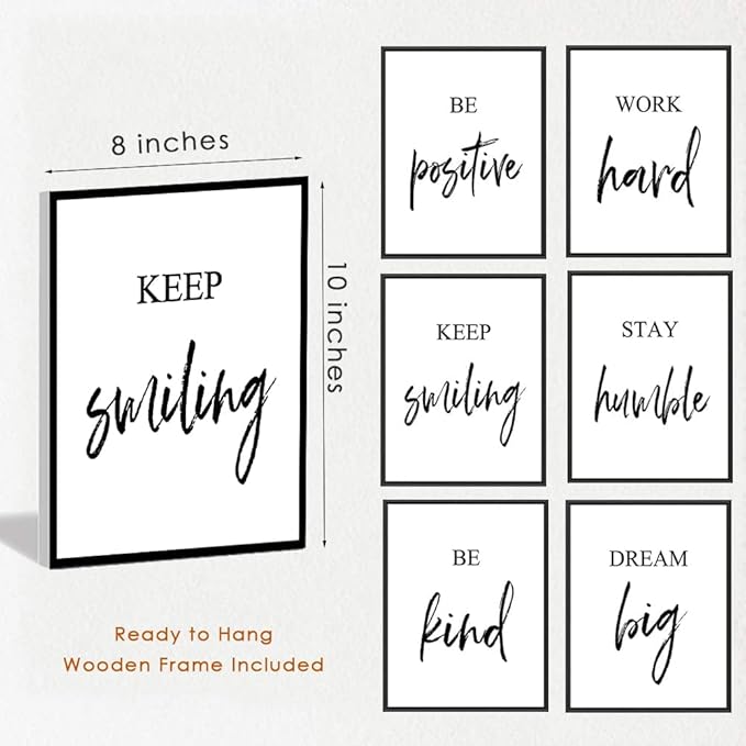Inspirational Wall Art, Framed Motivational Canvas Wall Art Positive Quote for Living Room Bedroom Office, Stretched Ready to Hang (Set of 6, 8X10in, Framed)