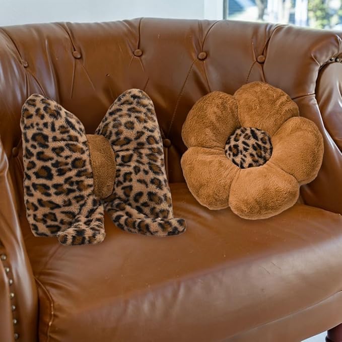 Leopard Print Bow Throw Pillows Cute Flower Plush Pillow Stuffed Bow Backrest Cushion Home & Car Decoration(2 Pack)