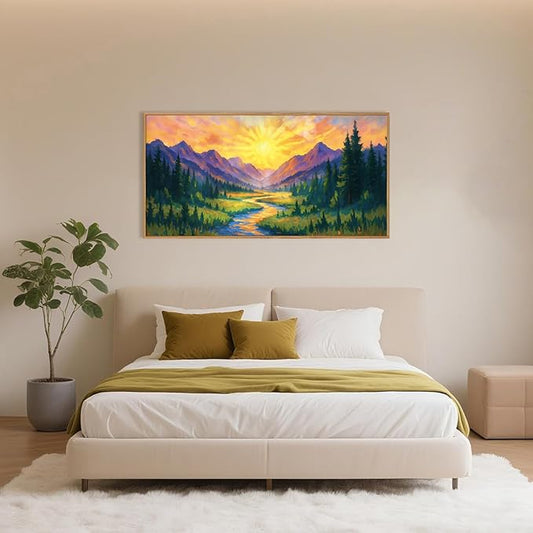 HPNIUB Boho Sunrise Mountain Framed Wall Art Set,Colorful Nature Wilderness Wall Decor,Abstract Landscape Art Print,Sunset Pine Tree Artwork for Living Room, Bedroom,Dining Room,Office-20''x40''