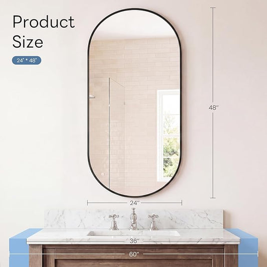 NEWBULIG 24" x 48" Oval Bathroom Mirror, Black Wall Mirror with Metal Frame, Tempered Glass, Morden Vanity Mirror for Over Sink, Entryway, Living Room, Bedroom, Horizontal or Vertical