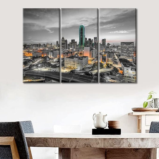 TUMOVO 3 Panel Dallas Texas USA Skyscrapers Landscape Artwork Canvas Wall Art Beautiful City Skyline Posters and Prints Bathroom Decor Wall Art Print on Canvas Framed Ready to Hang (36" Wx24 H)