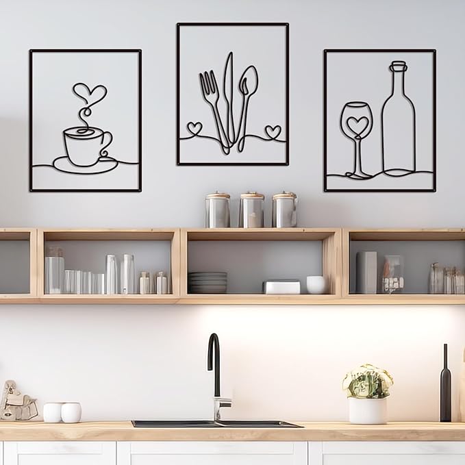 3 Pieces Metal Minimalist Line Kitchen Signs Wall Decor Drawing, Rustic Kitchen Art Wall Decor for Kitchen Dining Living Room Home, 14.2 x 11 Inches (Love)