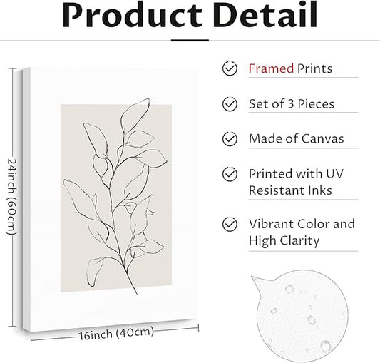 Youillne Neutral Botanical Prints Wall Art Decor Plant Minimalist Canvas Pictures Vintage Beige Wall Art Modern Farmhouse Line Poster Boho Abstract Painting Artwork for Bedroom 16x24 Inch Set of 3