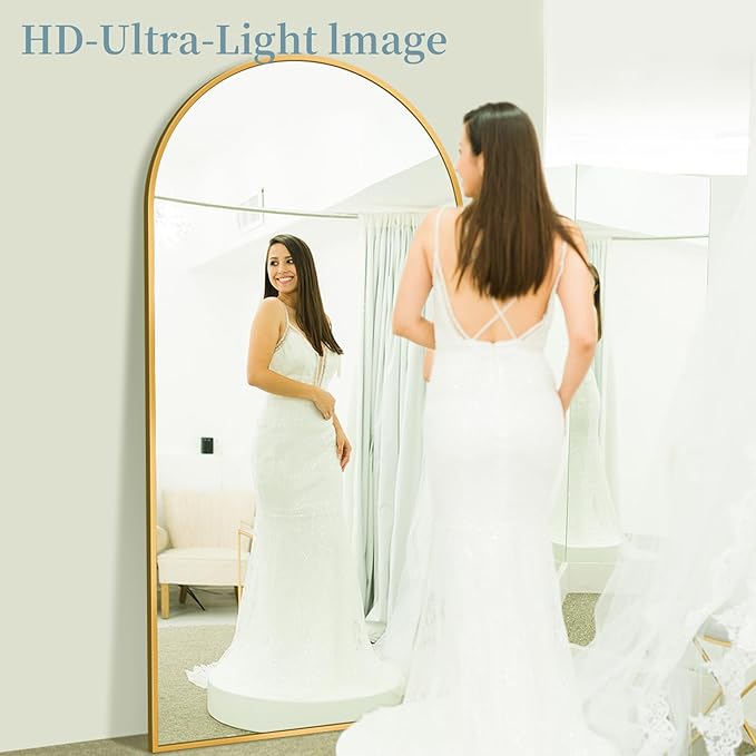 Full Length Mirror with Stand, 78"x38" Arched Full Body Mirror, Large Stand Up Mirrors, Aluminum Frame Floor Standing Mirrors, Freestanding Hanging Leaning Mounted for Bedroom Living Room, Gold