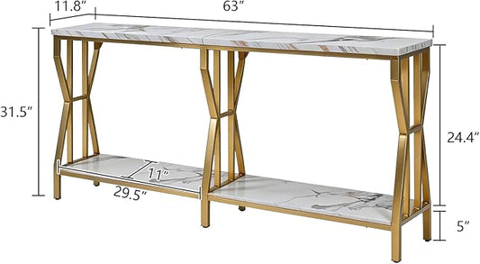 HOMISSUE Sofa Console Table, 63" Extra Long Sofa Table with 2-Tier Storage, Industrial Narrow Console Tables Behind Couch, Hallway Table for Entryway, Living Room,Gold