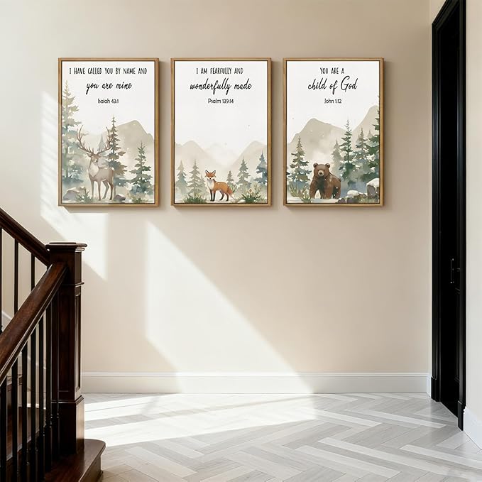 HPNIUB Woodland Animal Christian Framed Wall Art Set,Bible Verse Quote Wall Decor,Nature Forest Religious Art Print,Misty Forest Deer Bear Fox Artwork for Nursery,Kids Bedroom,Study Room-24"x36"x3