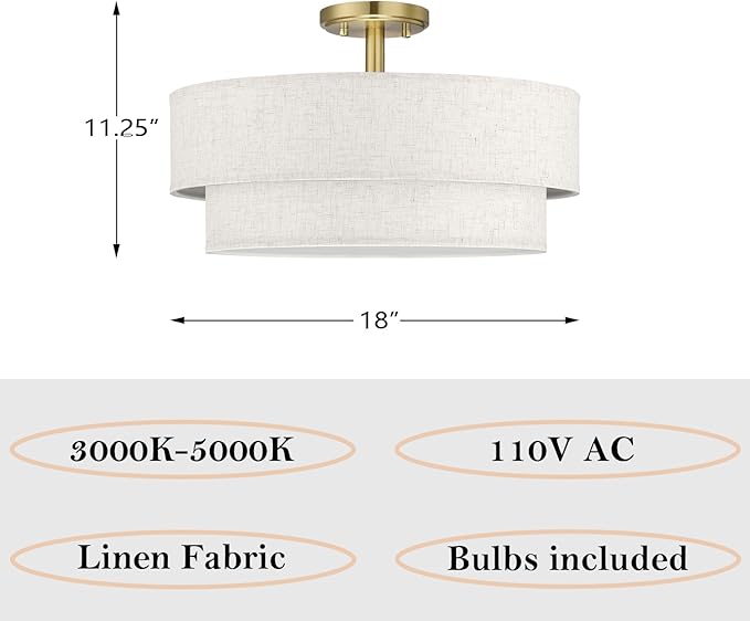 18 Inch LED 24W Adjustable 3000/4000/5000 Gold Double Drum Linen Fabric Shade Semi Flush Mount Close to Ceiling Light Fixture for Bedroom,Living Room,Dining Room Hallway