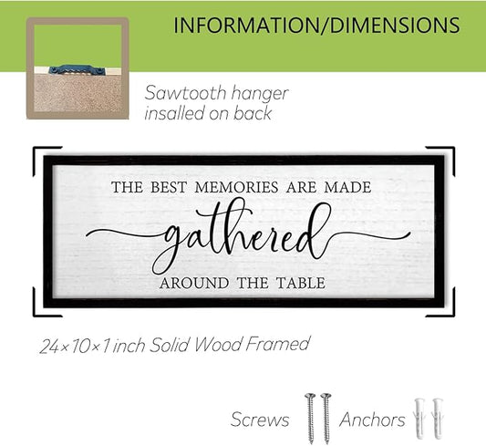TQianJiang Dining Room Wall Decor The Best Memories Are Made Gathered Around The Table Sign 24"×10" for Farmhouse Vintage Dinner Kitchen Plaque Large Rustic Horizontal Wall Hanging Art (Black)