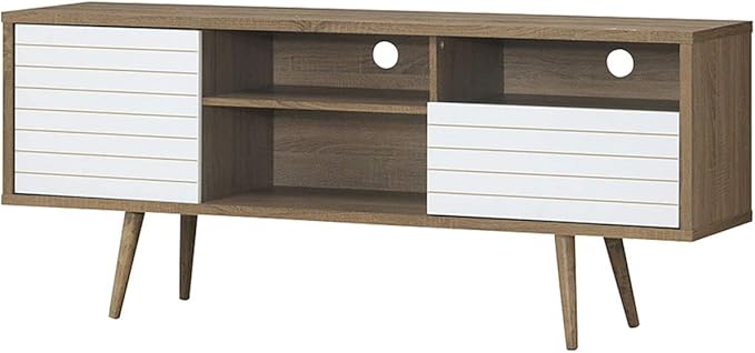 Tangkula Mid-Century Modern TV Stand for TVs up to 70" - Wooden Console Table with Storage Shelves, Cabinet and Drawer, Living Room Entertainment Center (Walnut & White)