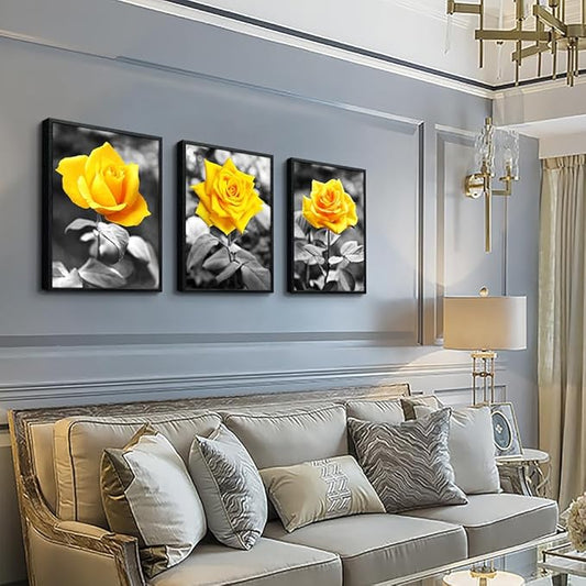 Black Framed Wall Art For Bedroom Living Room Wall Decor For Kitchen Office Decor Black And White Artwork Pictures Yellow Rose Flowers Wall Painting Modern Room Home Decor 3 Piece Framed Art Prints