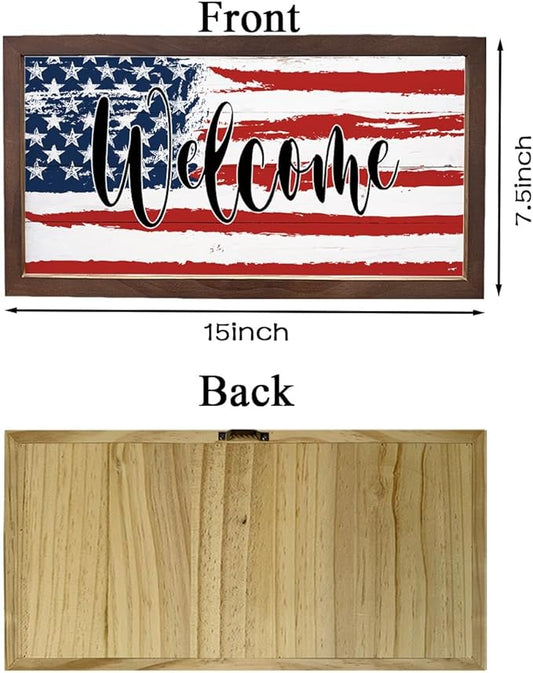 American Flag Welcome Sign, Front Door Wall Decors, Patriotic American Home Decor, Porch Decoration, Housewarming Decoration, Rustic Farmhouse Wooden Framed Wall Decor 15×7.5×0.3 inches