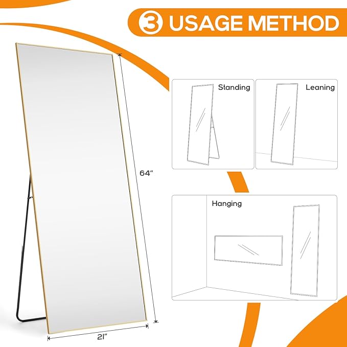Mirror Full Length, Upgraded 21"x64" Body Wall Mirrors with Shatter-Proof Glass, Floor Standing, Hanging or Leaning, Large Tall Mirror with Stand Aluminum Alloy Frame for Bedroom Cloakroom