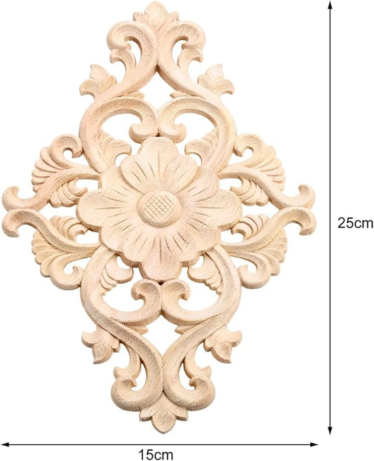 Wood Carved Appliques, 2Pcs Wooden Decorative Onlays, MUXSAM Unpainted Furniture Center Decals for Cabinet Dresser Bed Door Wall Wardrobe Ceiling Decoration Home DIY Project, 25x15cm/9.84"x5.9"