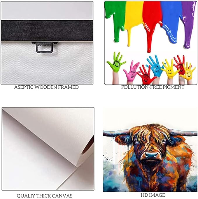 Highland Cow Abstract Canvas Wall Art 5 Panels Farmhouse Posters Graffiti Home Decor Artwork Wild Animal Prints Living Room Framed 60'' x 32''