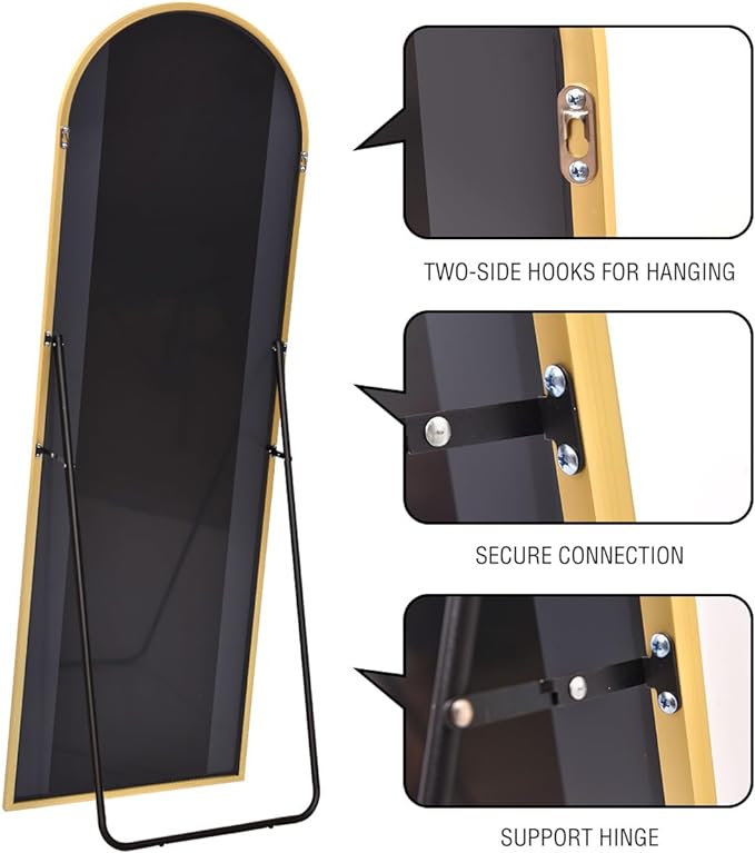DYNWELL Arched Full Length Mirror, 76"x34" Large Floor Mirror with Stand, Wall-Mounted Gold Body Mirror for Bedroom