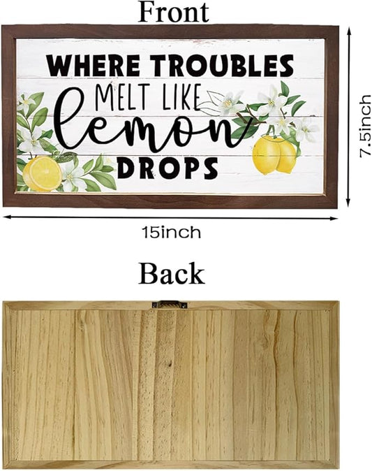 Lemon Decor Sign, Summer Home Decors, Kitchen Wall Art, Decorative Wooden Wall Plaque, Rustic Framed Wood Hanging Signs, Where Troubles Melt Like Lemon Drops Sign 15×7.5×0.3 inches