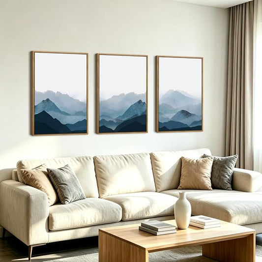 BINCUE Large Blue Mountain Wall Art Fog Blue Ridge Mountains Artwork Framed Minimalist Mountains Wall Decor Simple Mountain Art Print Landscape Artwork for Living Room Bedroom Office Farmhouse 24x36 Inch Set of 3 Gift