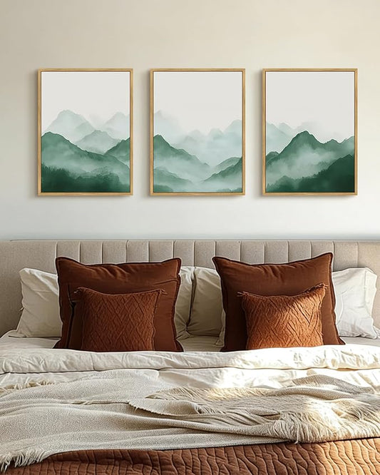 PHOPAGO Green Watercolor Fog Mountains Framed Wall Art Vintage Nature Landscape Artwork Paints Boho Rustic Scenic Room Decor for Dining Room Hallway - 12x16in Natural Framed