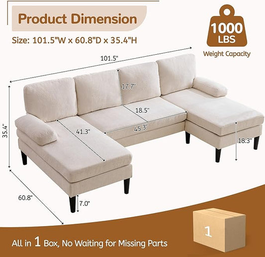 Korser U Shaped Sectional Couches for Living Room, 101" Modern Chenille Fabric Sofa with Double Chaise Lounge, 4-Seat Couch with Removable Pillows for Apartment/Small Space, Beige