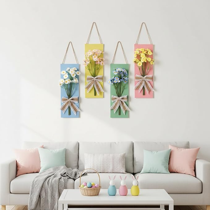 Suncalla 4 Pcs Pastel Daisy Wall Decor Colorful Wooden Summer Artificial Floral Bathroom Wall Art for Living Room, Bedroom, Office Dining Room Decor